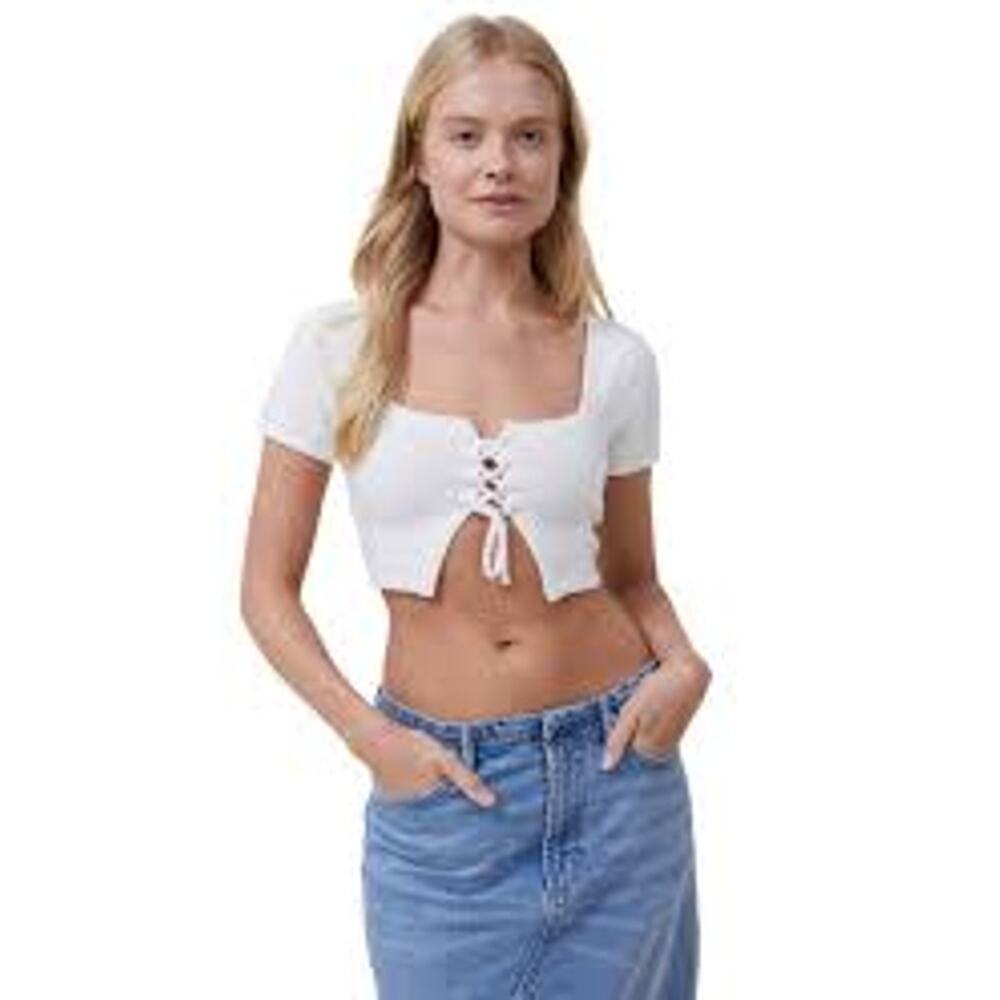 Cotton On Cropped Crochet Knit Top, Tie Front, Sexy, Short Sleeves, Sz M, NEW
